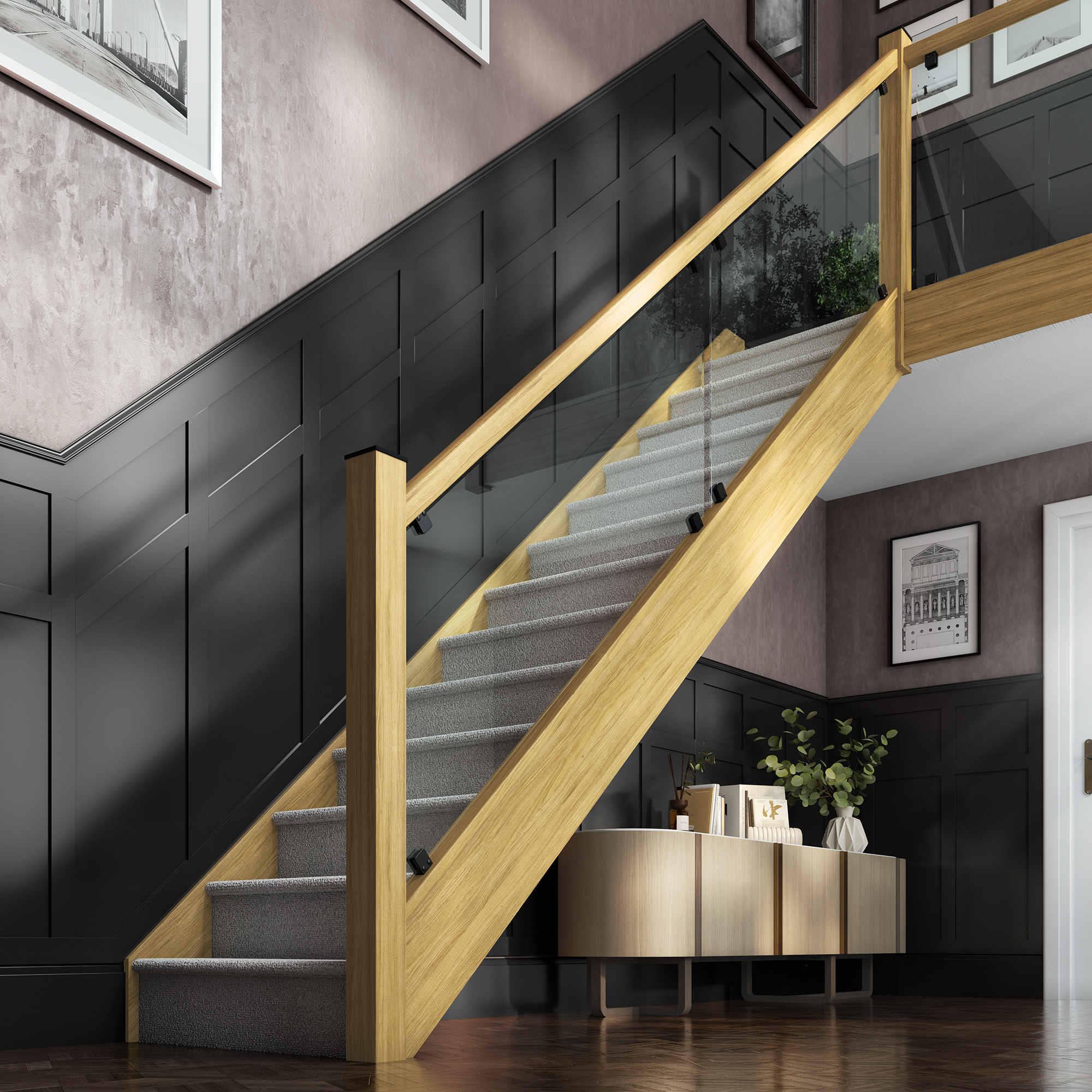 Oak with Clear Glass Balustrade
